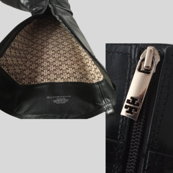 TORY BURCH LOGO CALISTA BLACK LEATHER KNEE HIGH EQUESTRIAN RIDING BOOTS 7.5 - Picture 8 of 10